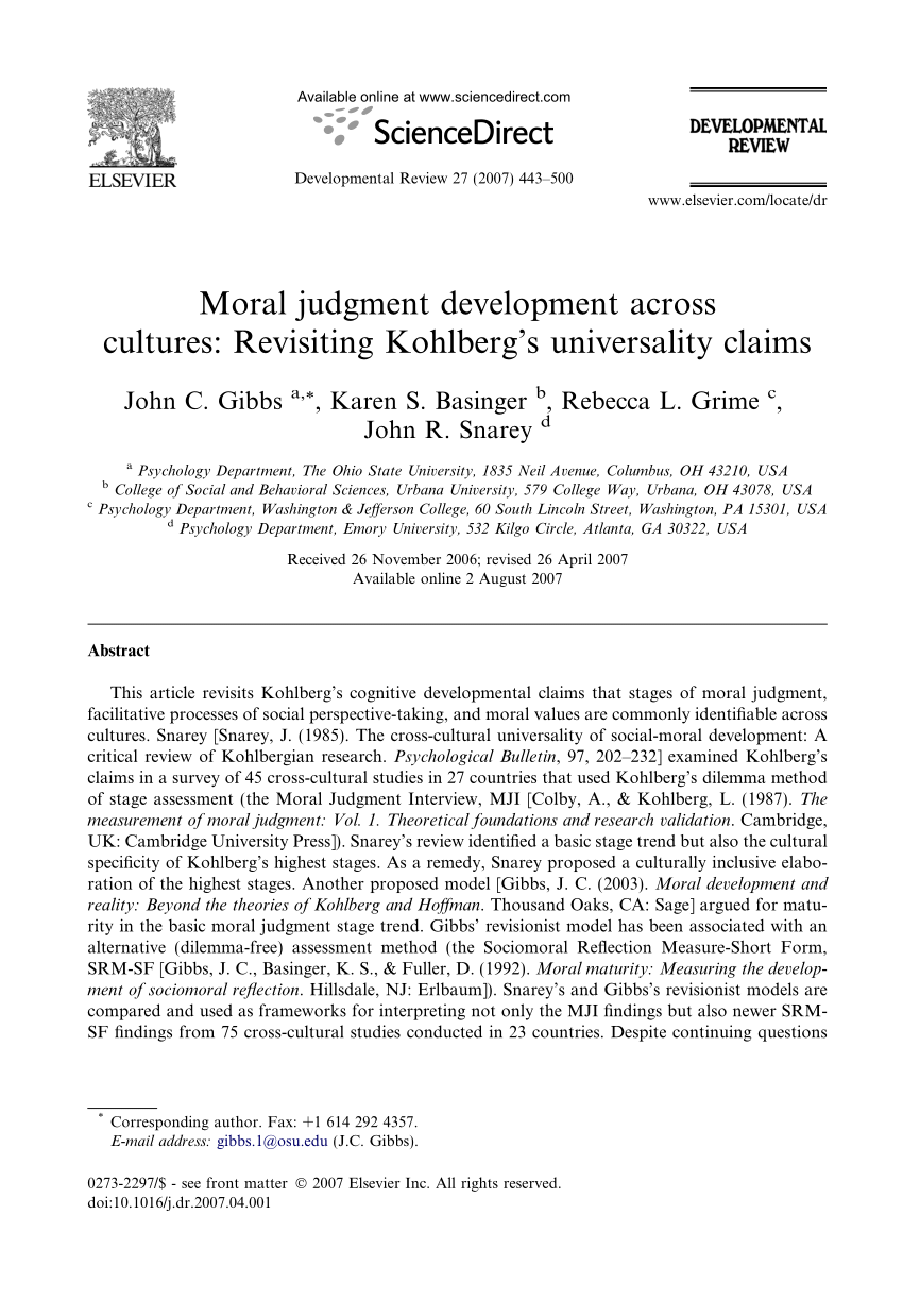 PDF) Moral judgment development across cultures: Revisiting Kohlberg's  universality claims