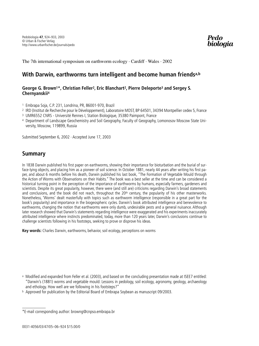 PDF) With Darwin, earthworms turn intelligent and become human friends: The  7th international symposium on earthworm ecology · Cardiff · Wales · 2002