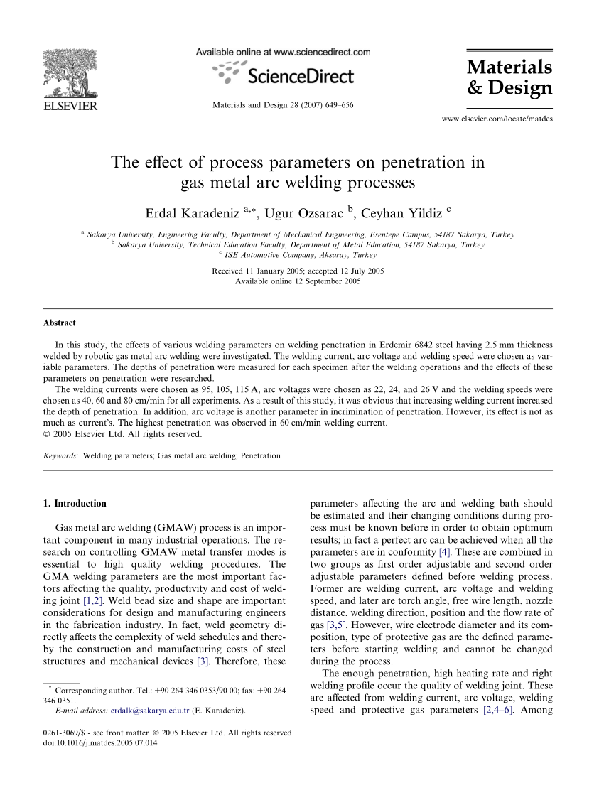 PDF) The effect of process parameters on penetration in gas metal arc  welding processes