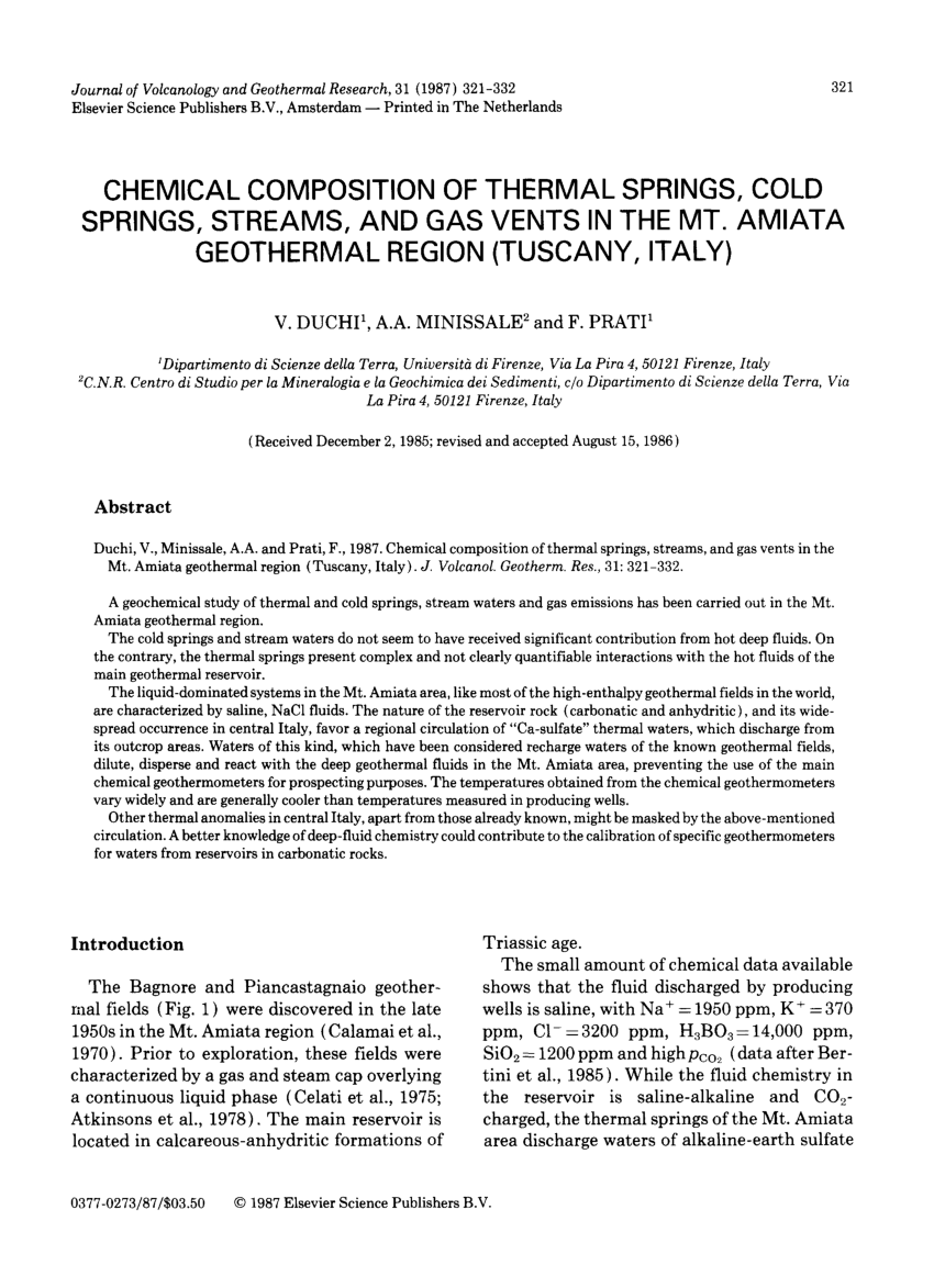 Pdf Chemical Composition Of Thermal Springs Cold Springs Streams And Gas Vents In The Mt Amiata Geothermal Region Tuscany Italy
