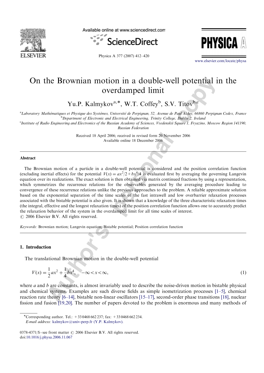 Pdf On The Brownian Motion In A Double Well Potential In The Overdamped Limit