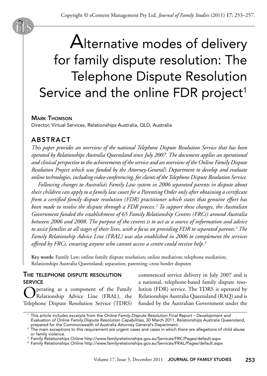 Pdf Alternative Modes Of Delivery For Family Dispute Resolution The Telephone Dispute Resolution Service And The Online Fdr Project