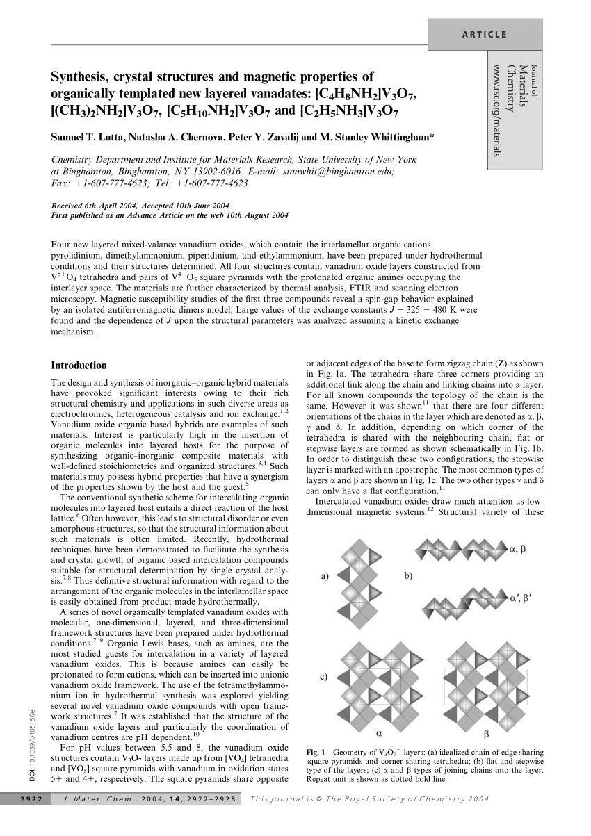 Pdf Synthesis Crystal Structures And Magnetic Properties Of Organically Templated New Layered Vanadates C4h8nh2 V3o7 Ch3 2nh2 V3o7 C5h10nh2 V3o7 And C2h5nh3 V3o7