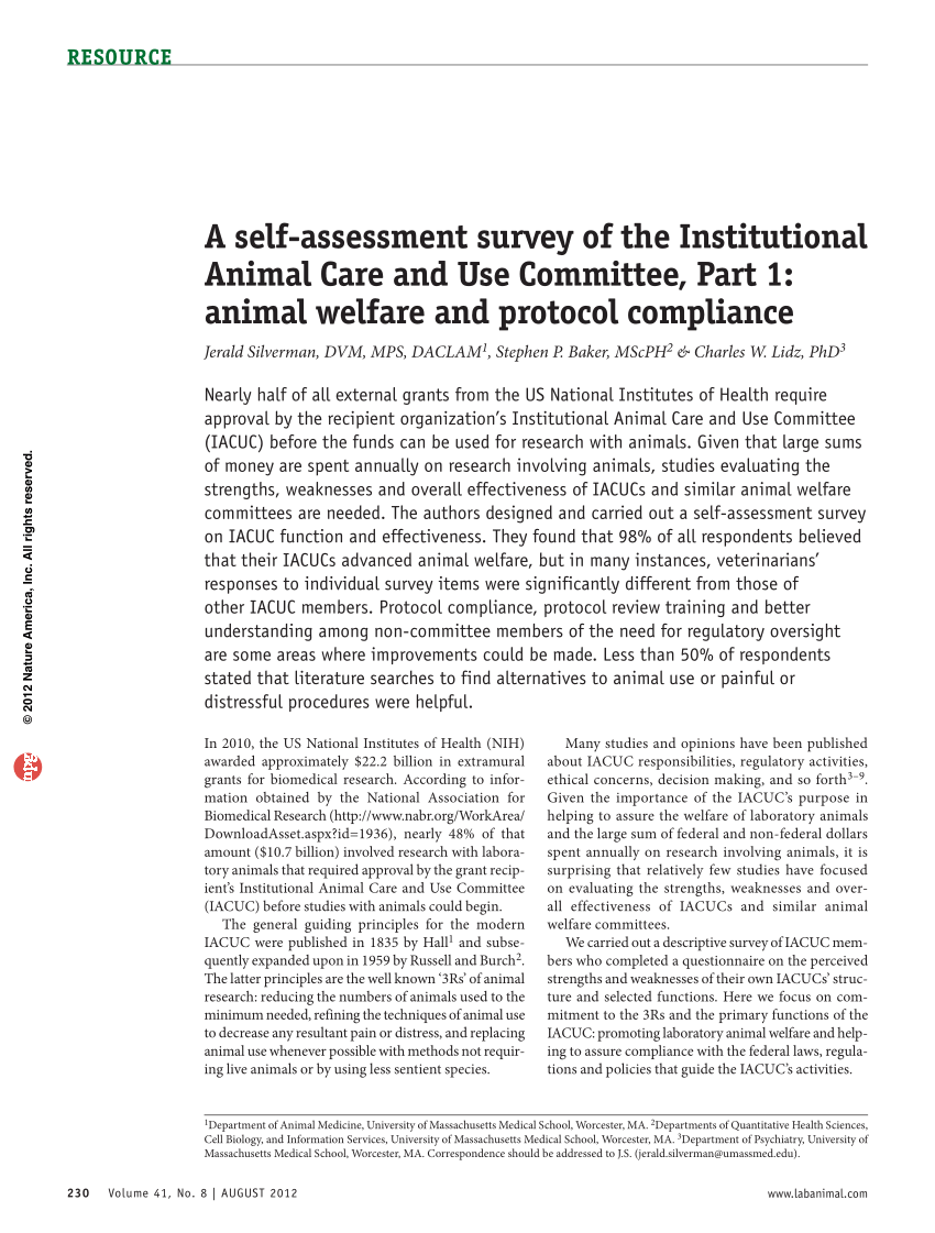 PDF) A self-assessment survey of the Institutional Animal Care and Use  Committee, Part 1: Animal welfare and protocol compliance