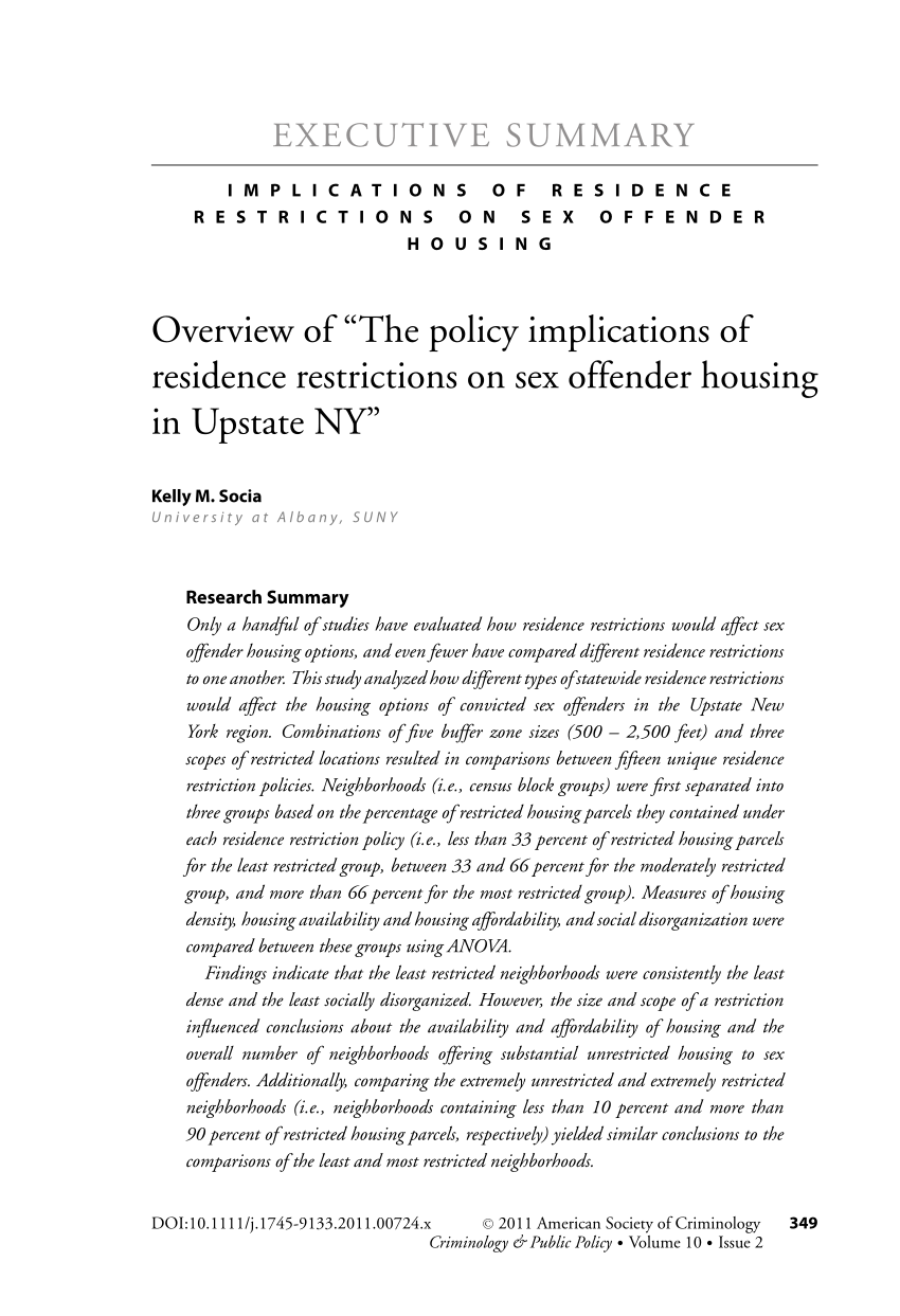 Pdf Overview Of “the Policy Implications Of Residence Restrictions On Sex Offender Housing In 9812