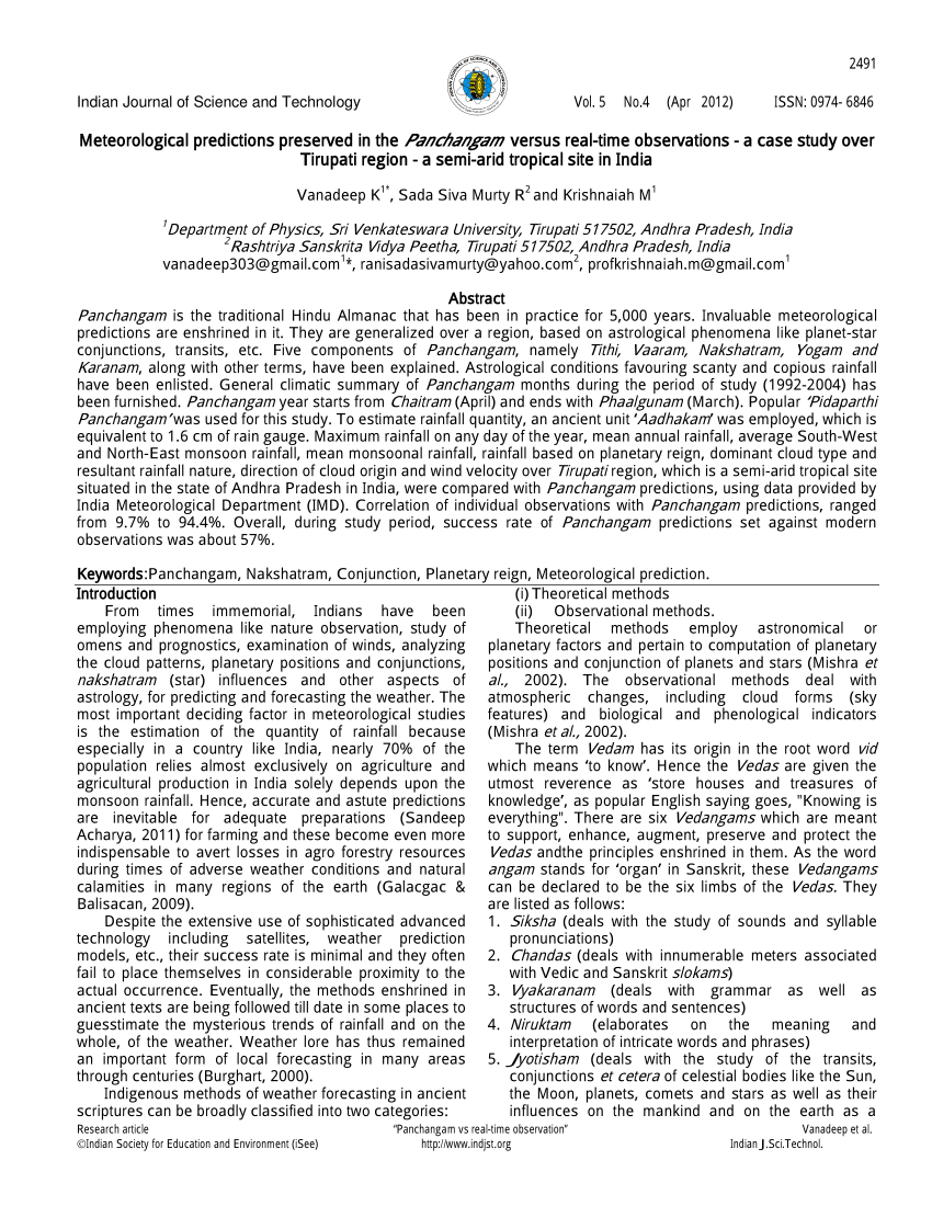 Pdf Meteorological Predictions Preserved In The Panchangam Versus Real Time Observations A Case Study Over Tirupati Region A Semi Arid Tropical Site In India