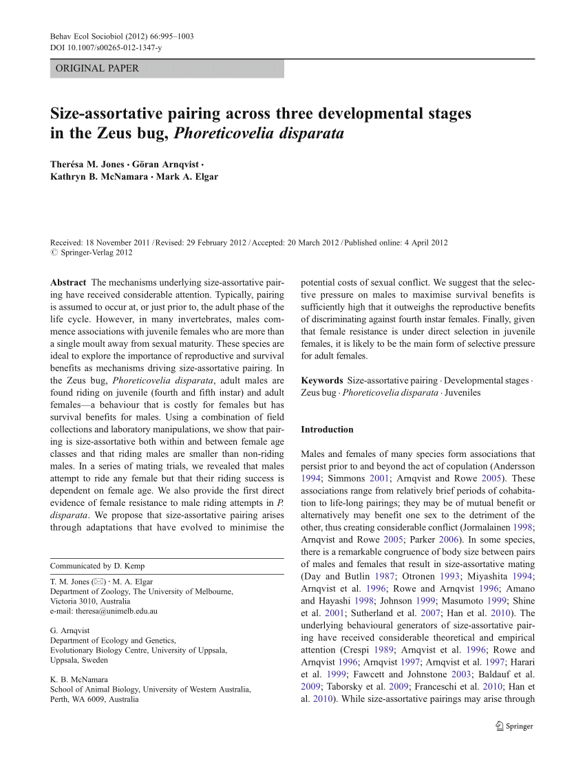 Pdf Size Assortative Pairing Across Three Developmental Stages In The Zeus Bug Phoreticovelia Disparata