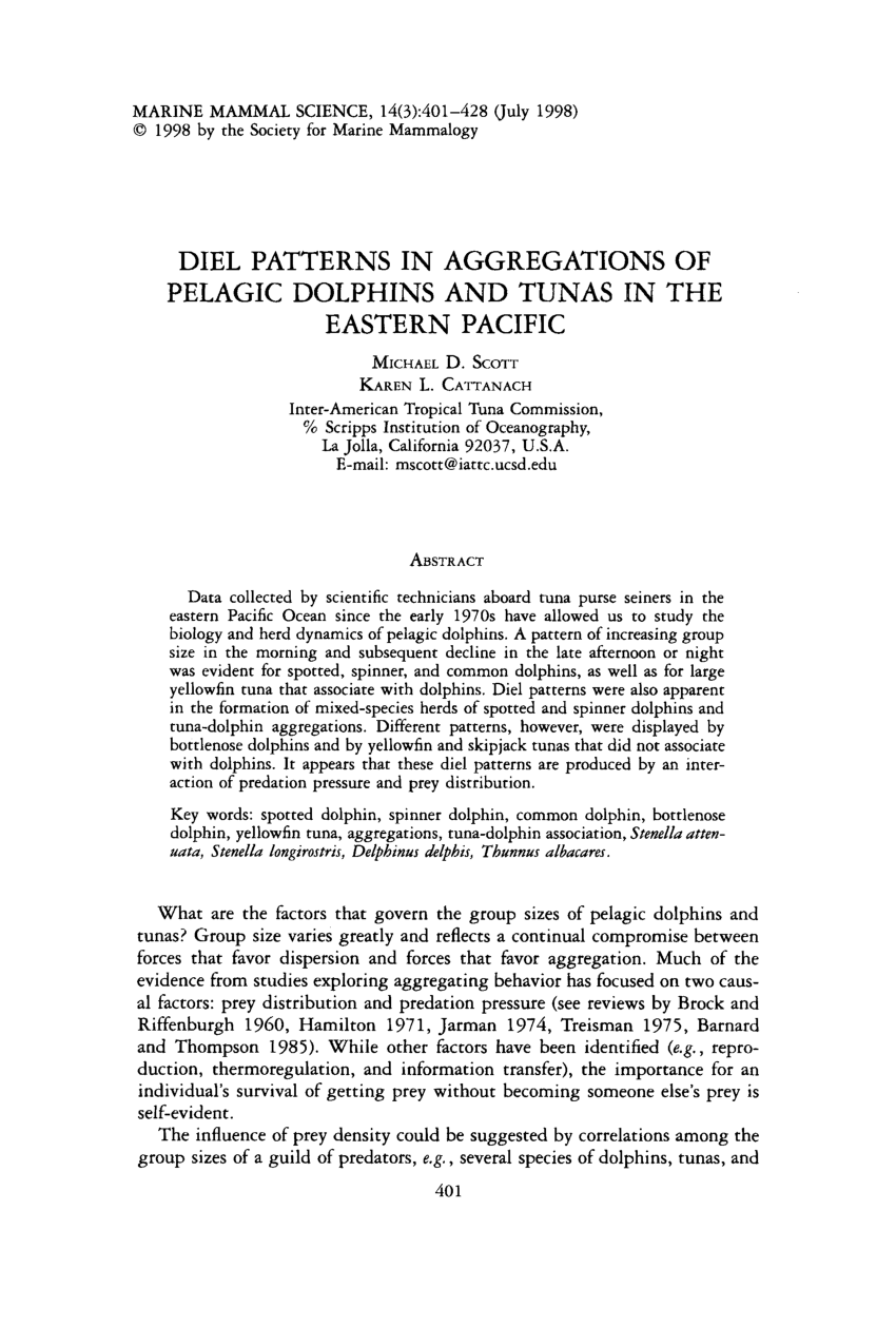 PDF) Diel pattern in aggregations of pelagic dolphins and tunas in the  Eastern Pacific
