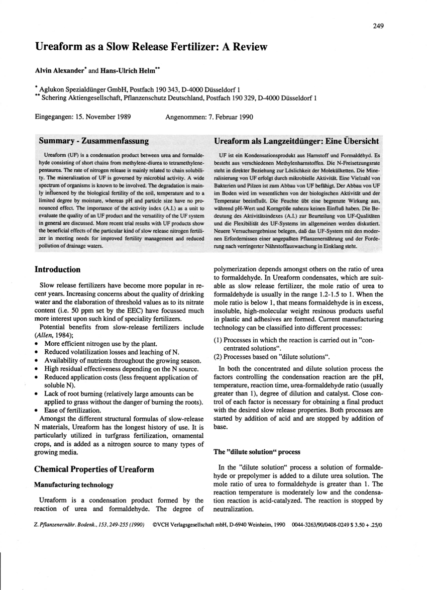 PDF) Ureaform as a Slow Release Fertilizer: A Review