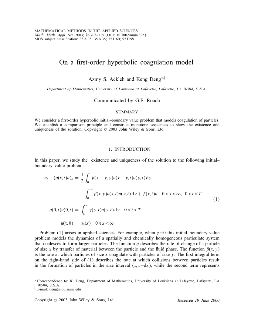 Pdf On A First Order Hyperbolic Coagulation Model