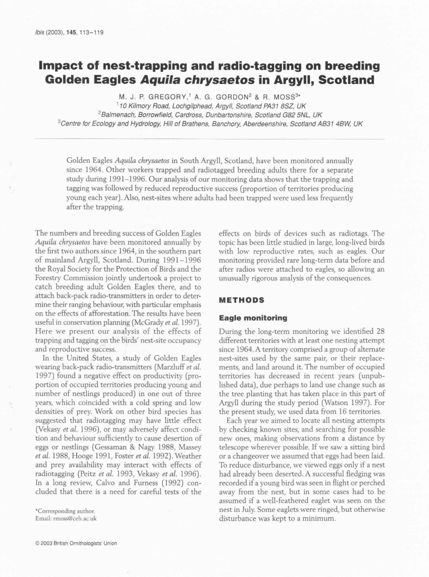 Pdf Impact Of Nest Trapping And Radio Tagging On Breeding Golden Eagles Aquila Chrysaetos In Argyll Scotland