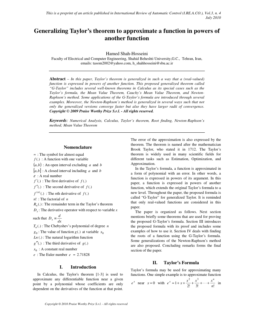 Pdf Generalizing Taylor S Theorem To Approximate A Function In Powers Of Another Function