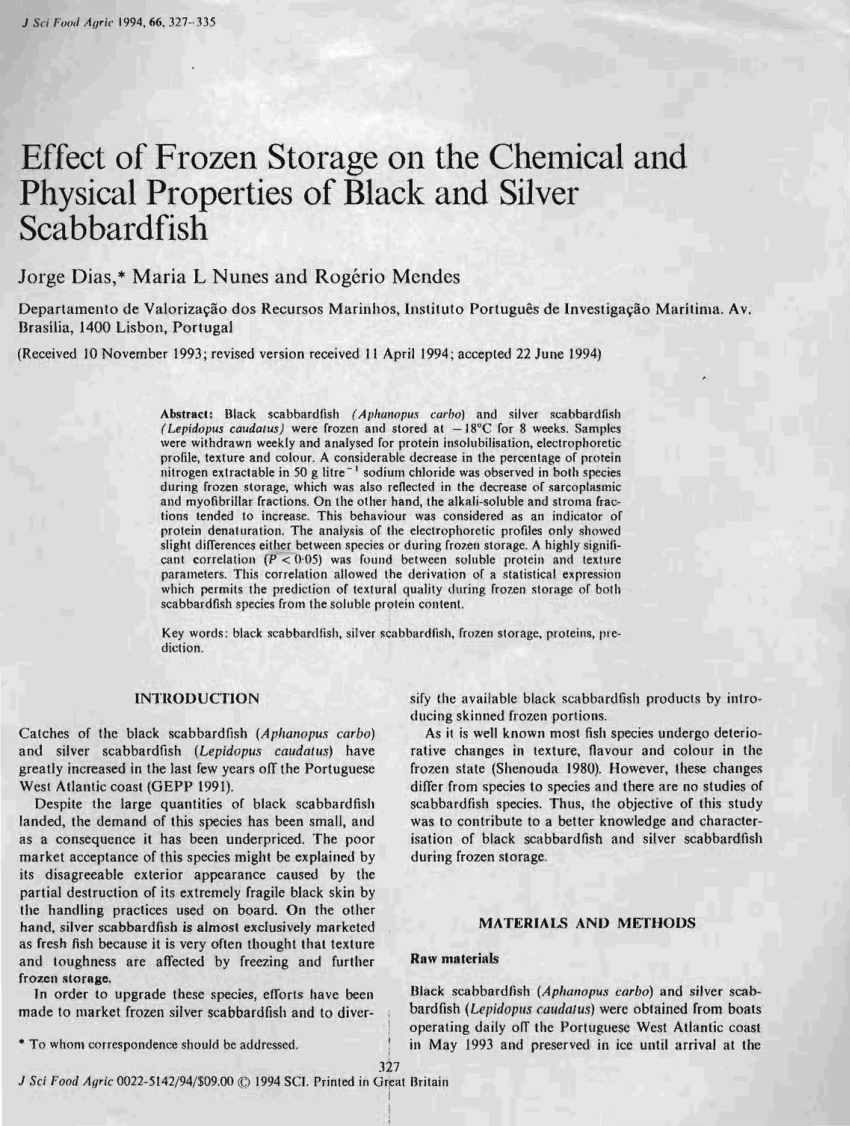 Pdf Effect Of Frozen Storage On The Chemical And Physical Properties Of Black And Silver Scabbardfish