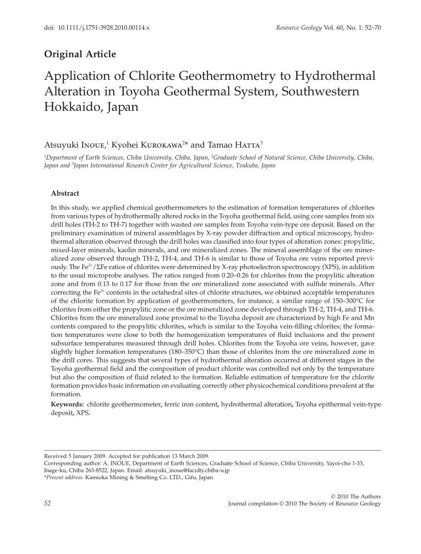 Pdf Application Of Chlorite Geothermometry To Hydrothermal Alteration In Toyoha Geothermal System Southwestern Hokkaido Japan