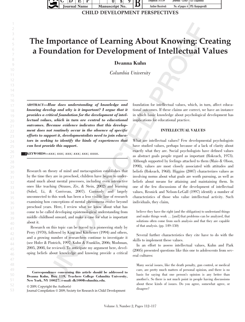 Pdf The Importance Of Learning About Knowing Creating A Foundation For Development Of Intellectual Values