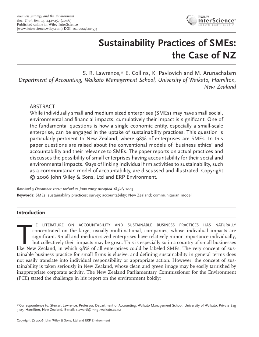 Pdf Sustainability Practices Of Smes The Case Of Nz