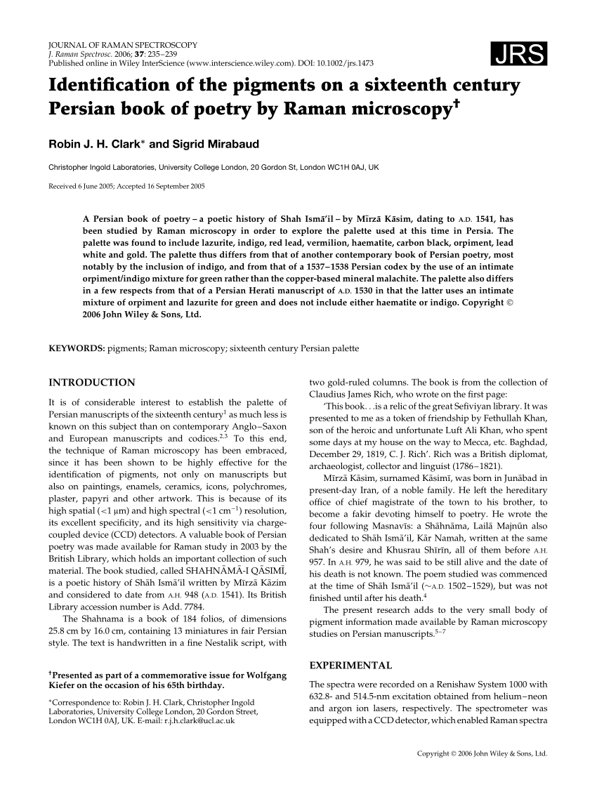 Pdf Identification Of The Pigments On A Sixteenth Century Persian Book Of Poetry By Raman Microscopy