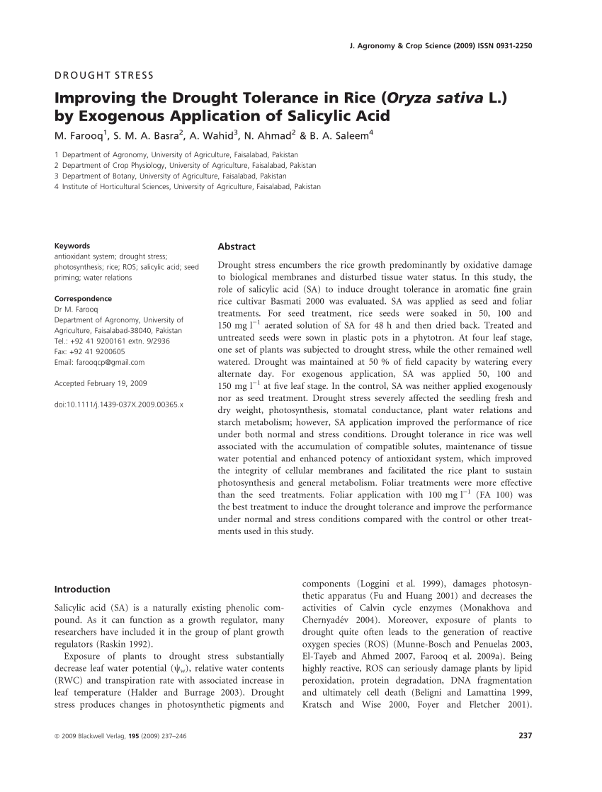 Pdf Improving The Drought Tolerance In Rice Oryza Sativa L By Exogenous Application Of Salicylic Acid