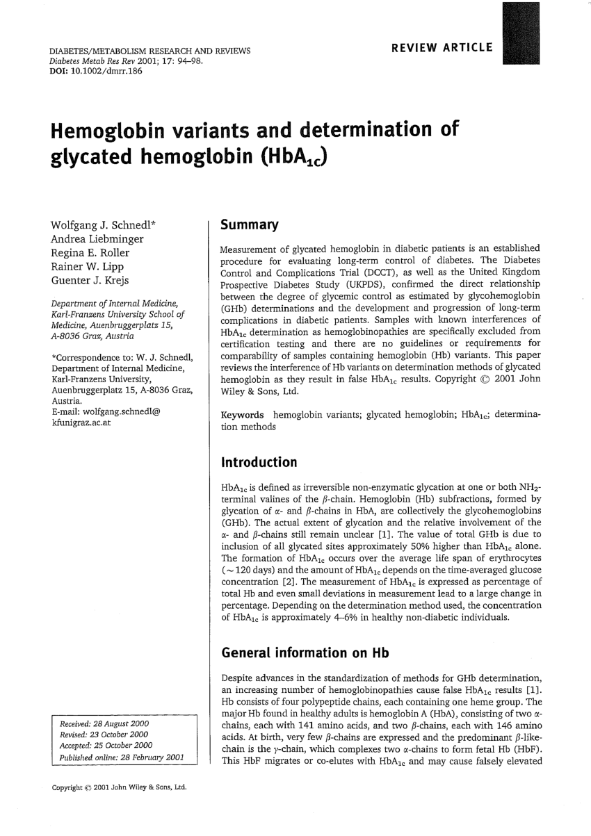 Pdf Hemoglobin Variants And Determination Of Glycated Hemoglobin [hba1c]