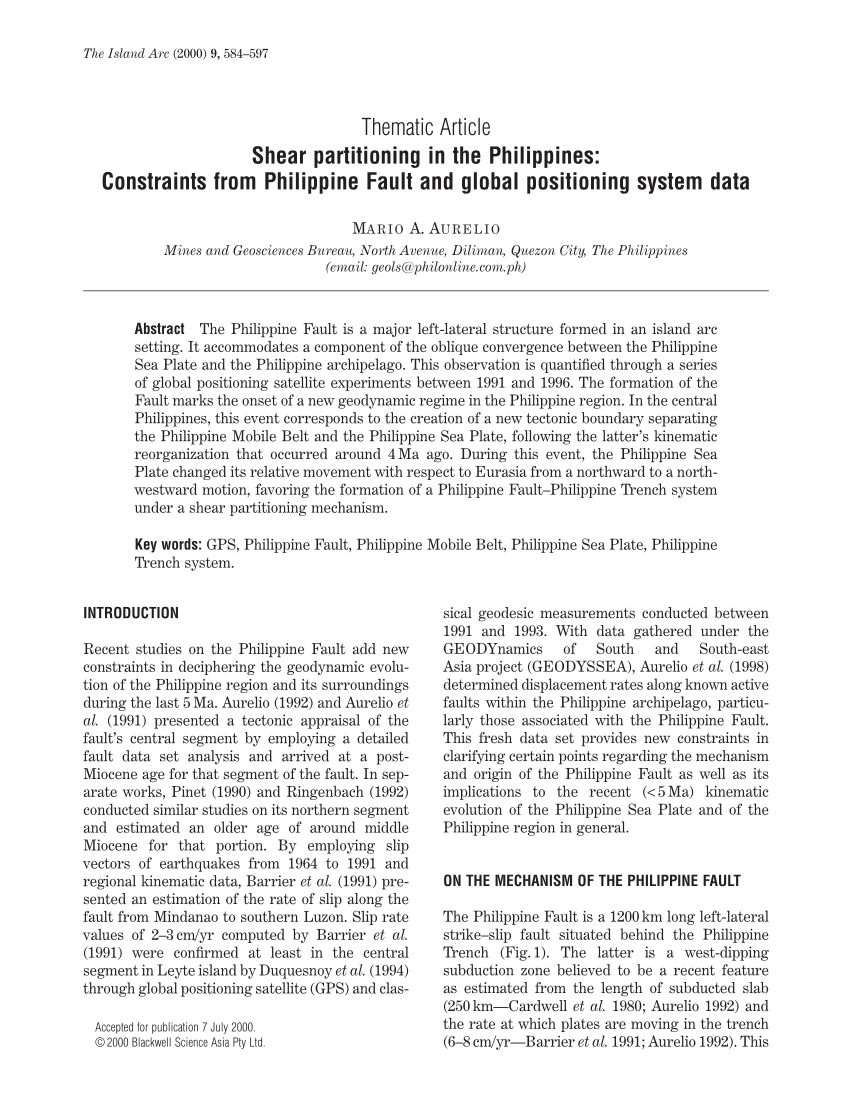 Pdf Shear Partitioning In The Philippines Constraints From Philippine Fault And Global Positioning System Data