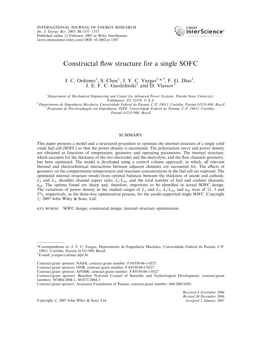 Pdf Constructal Flow Structure For A Single Sofc
