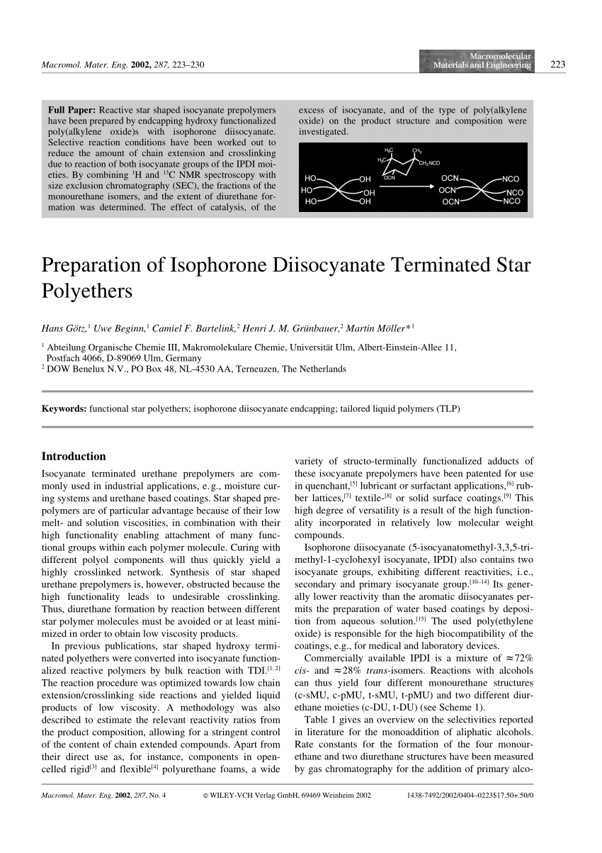 Pdf Preparation Of Isophorone Diisocyanate Terminated Star Polyethers