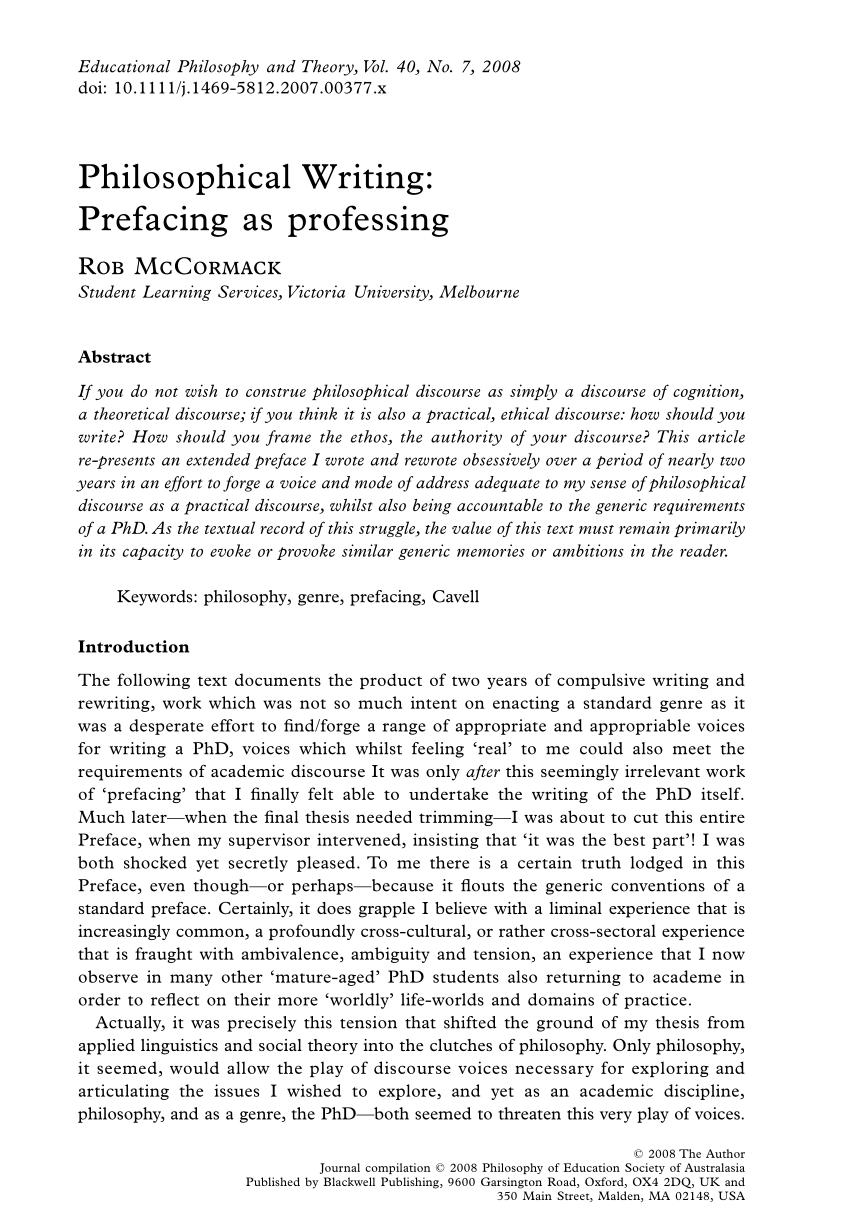 PDF) Philosophical Writing: Prefacing as professing