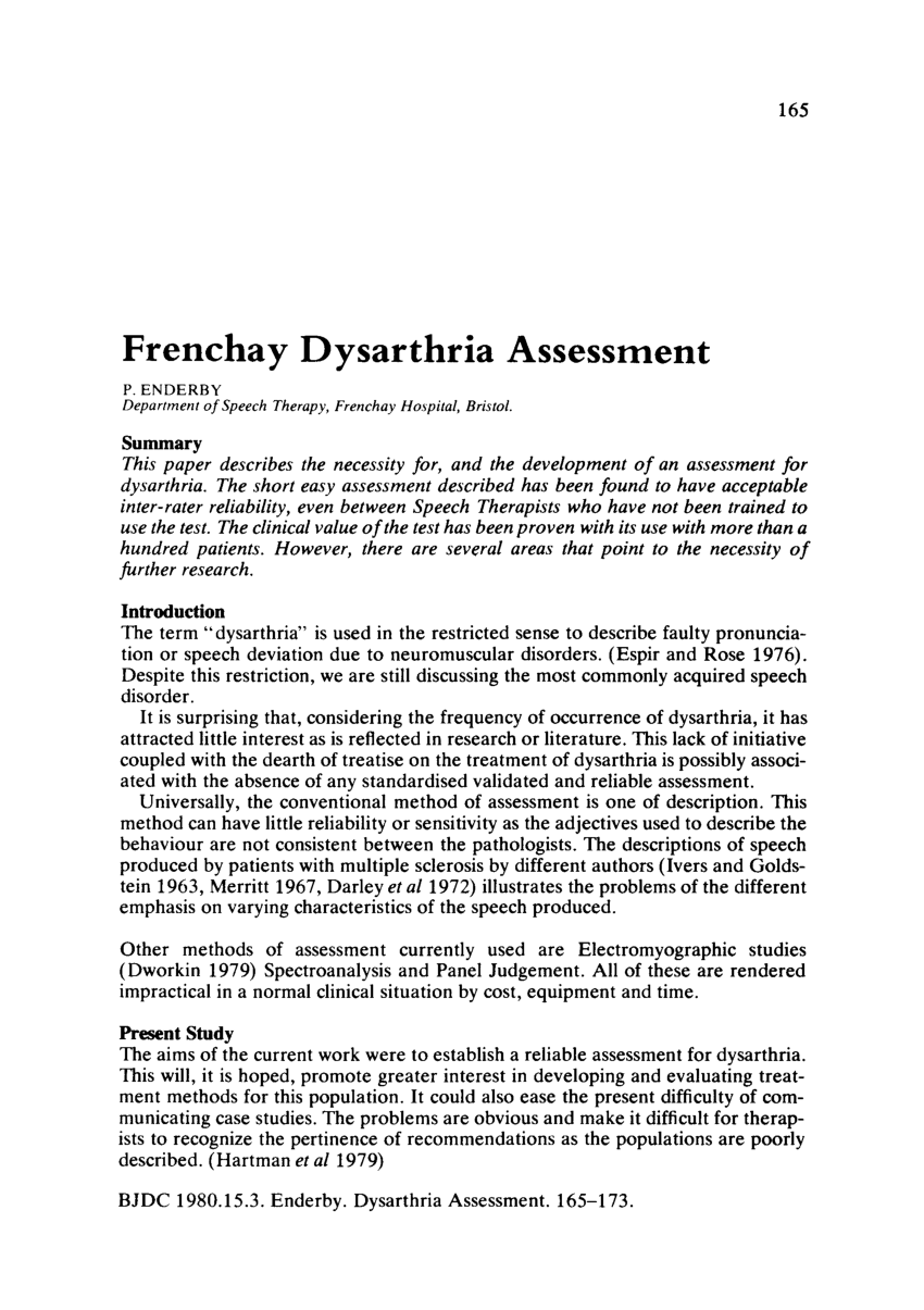 PDF) The Frenchay Dysarthria Assessment With Speech And Language Report Template