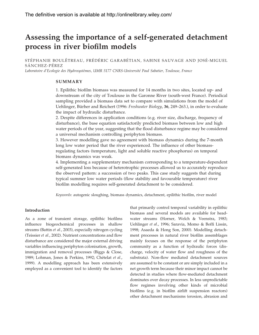 Pdf Assessing The Importance Of A Self Generated Detachment Process In River Biofilm Models