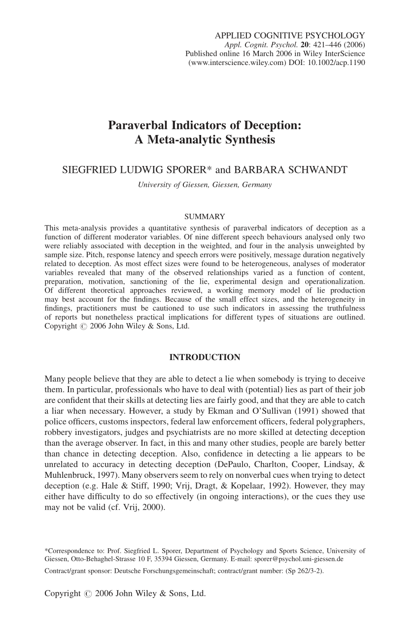 Pdf Paraverbal Indicators Of Deception A Meta Analytic Synthesis