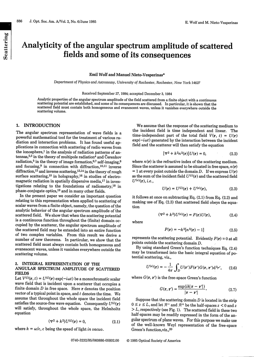 (PDF) Analyticity of the angular spectrum amplitude of scattered field