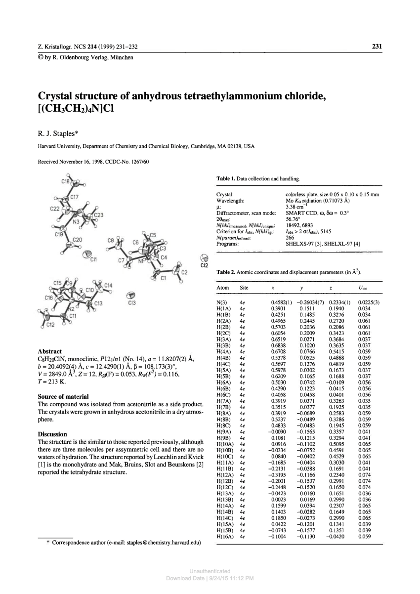 Pdf Crystal Structure Of Anhydrous Tetraethylammonium Chloride Ch3ch2 4n Cl