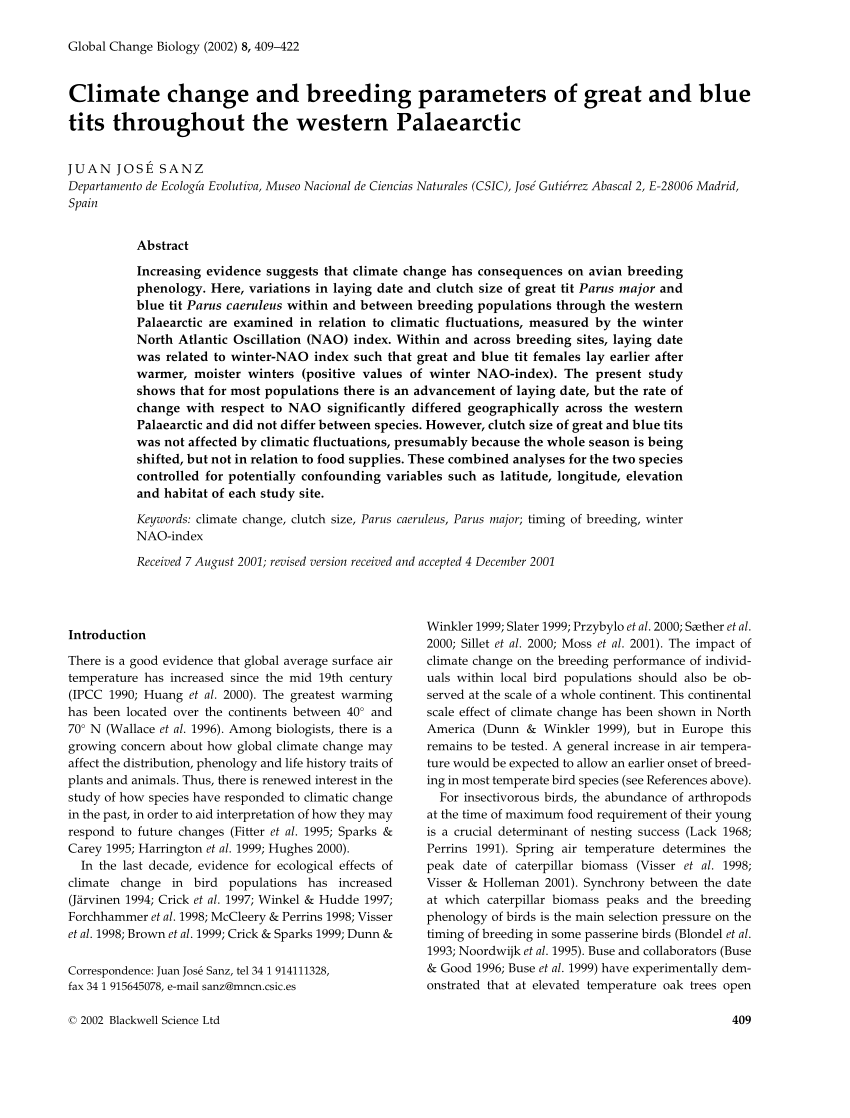 Pdf Climate Change And Breeding Parameters Of Great And Blue Tits Throughout The Western Palaearctic