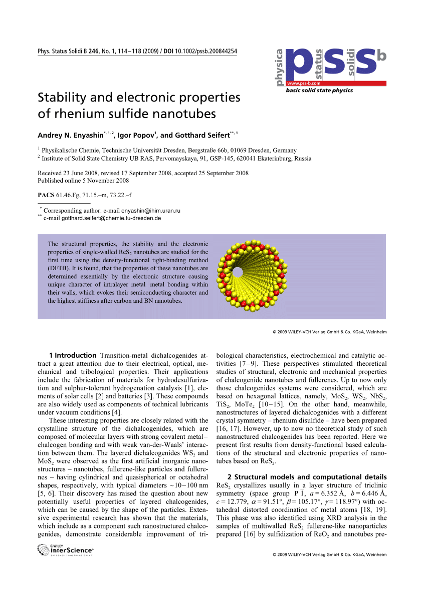 Pdf Stability And Electronic Properties Of Rhenium Sulfide Nanotubes