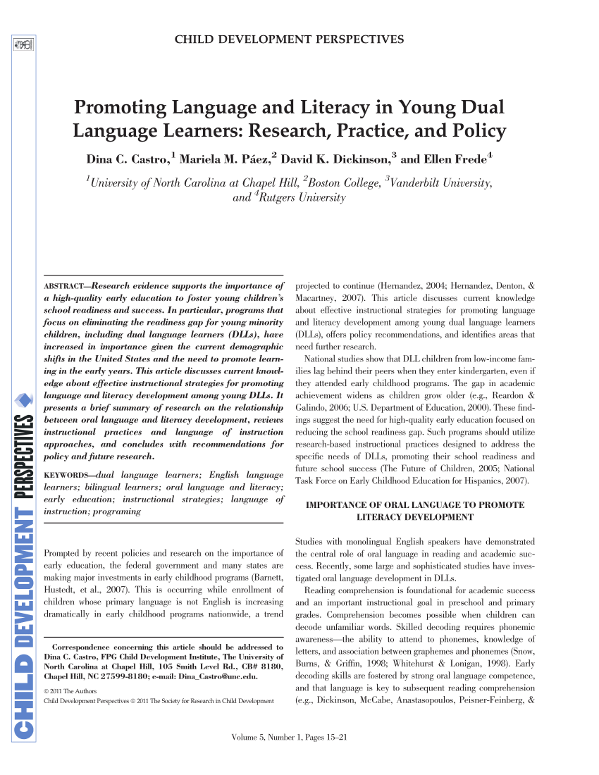 Pdf Promoting Language And Literacy In Young Dual Language Learners Research Practice And Policy