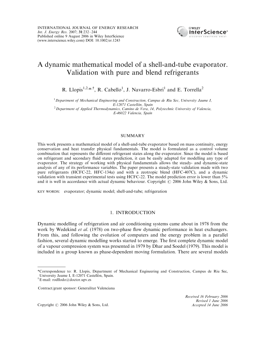 Pdf A Dynamic Mathematical Model Of A Shell And Tube Evaporator Validation With Pure And Blend Refrigerants