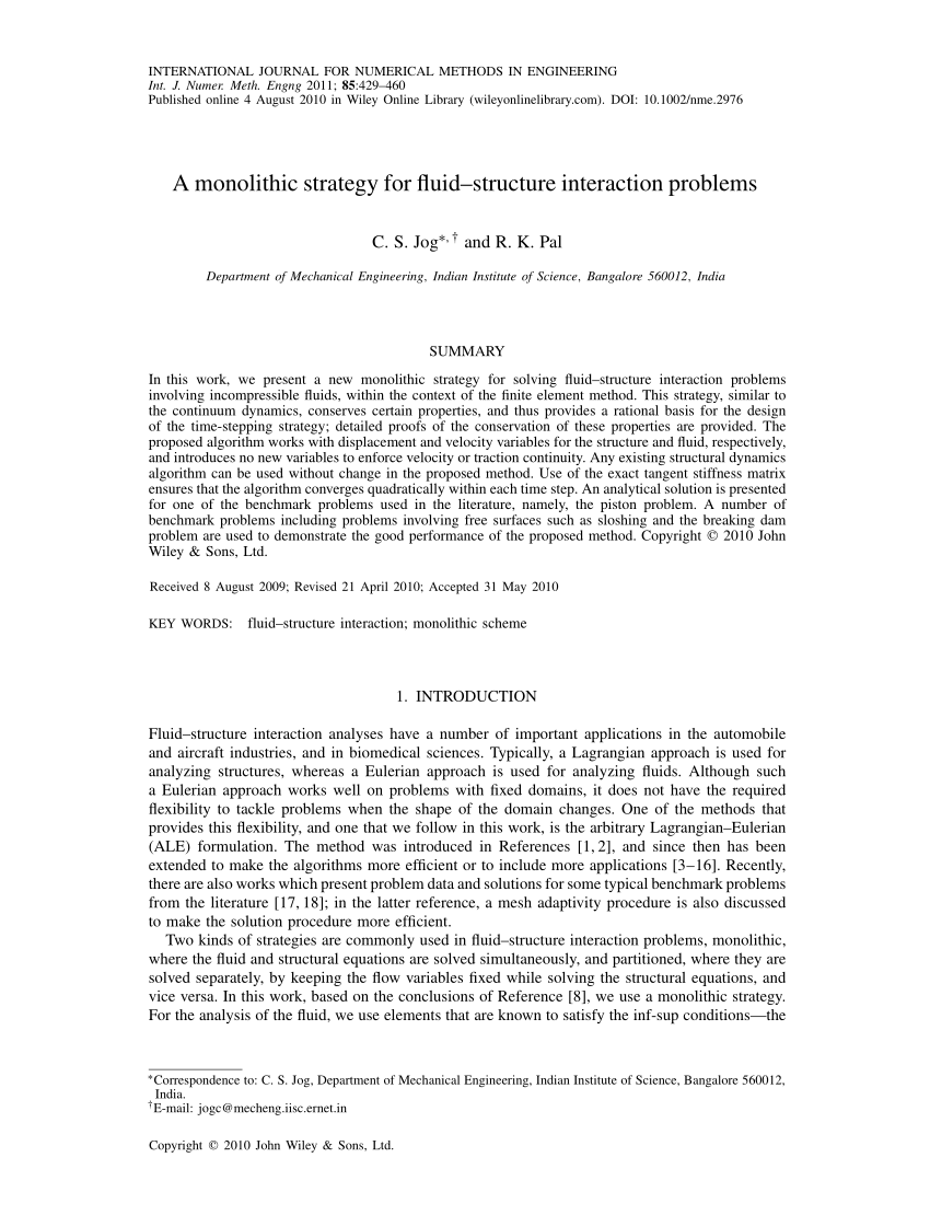 Pdf A Monolithic Strategy For Fluidstructure Interaction Problems 