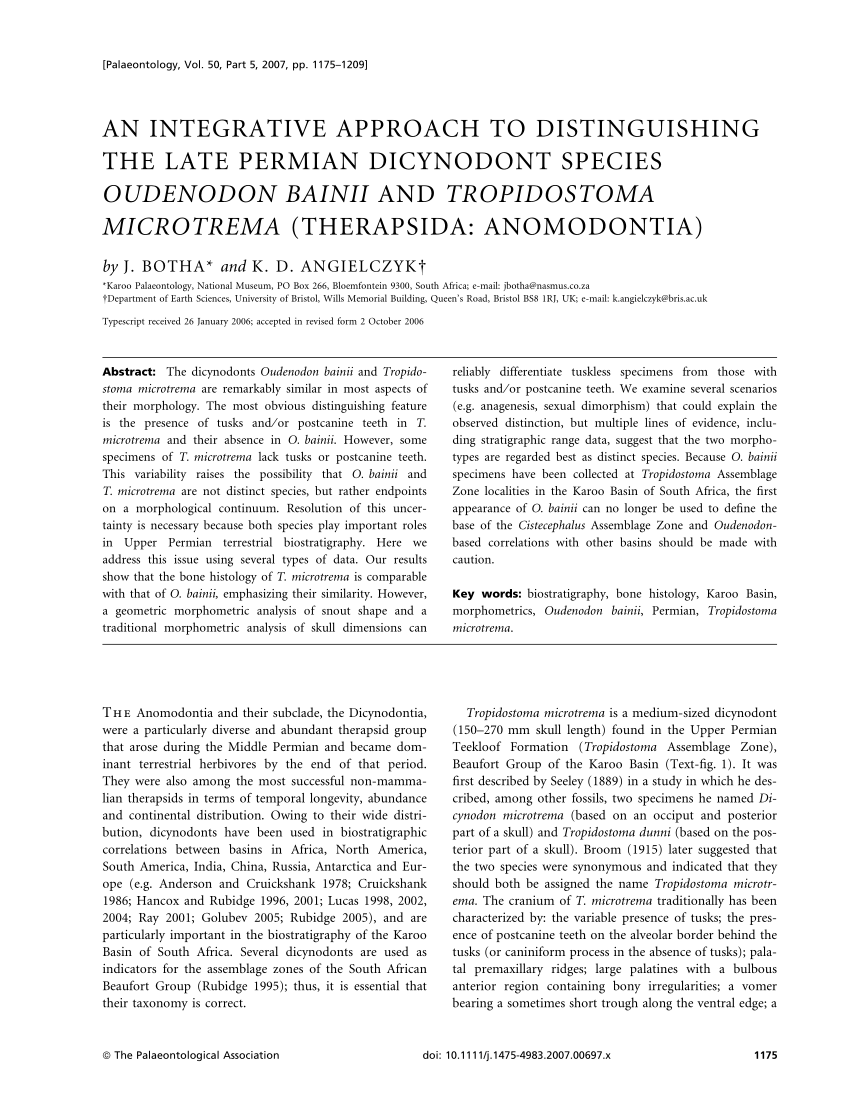 Pdf An Integrative Approach To Distinguishing The Late Permian Dicynodont Species Oudenodon Bainii And Tropidostoma Microtrema Therapsida Anomodontia