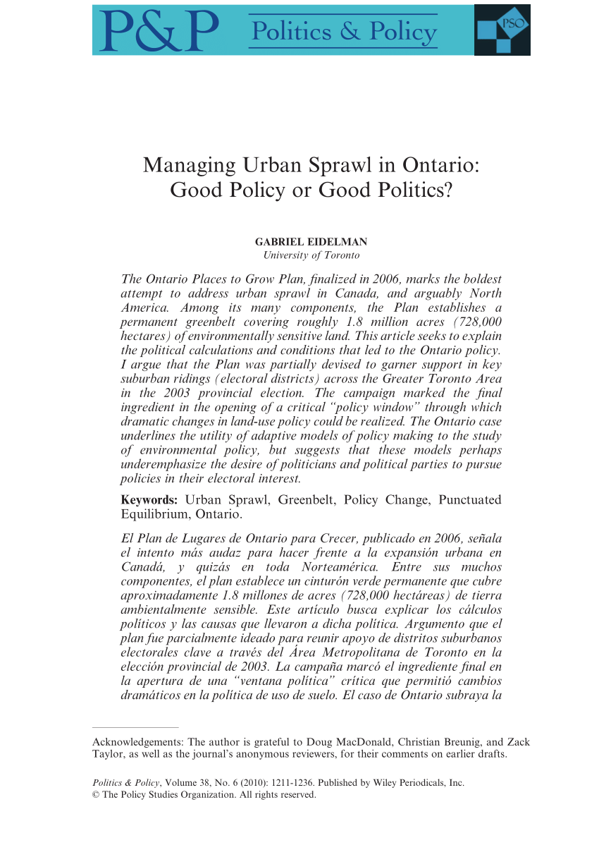 Pdf Managing Urban Sprawl In Ontario Good Policy Or Good Politics - pdf managing urban sprawl in ontario good policy or good politics