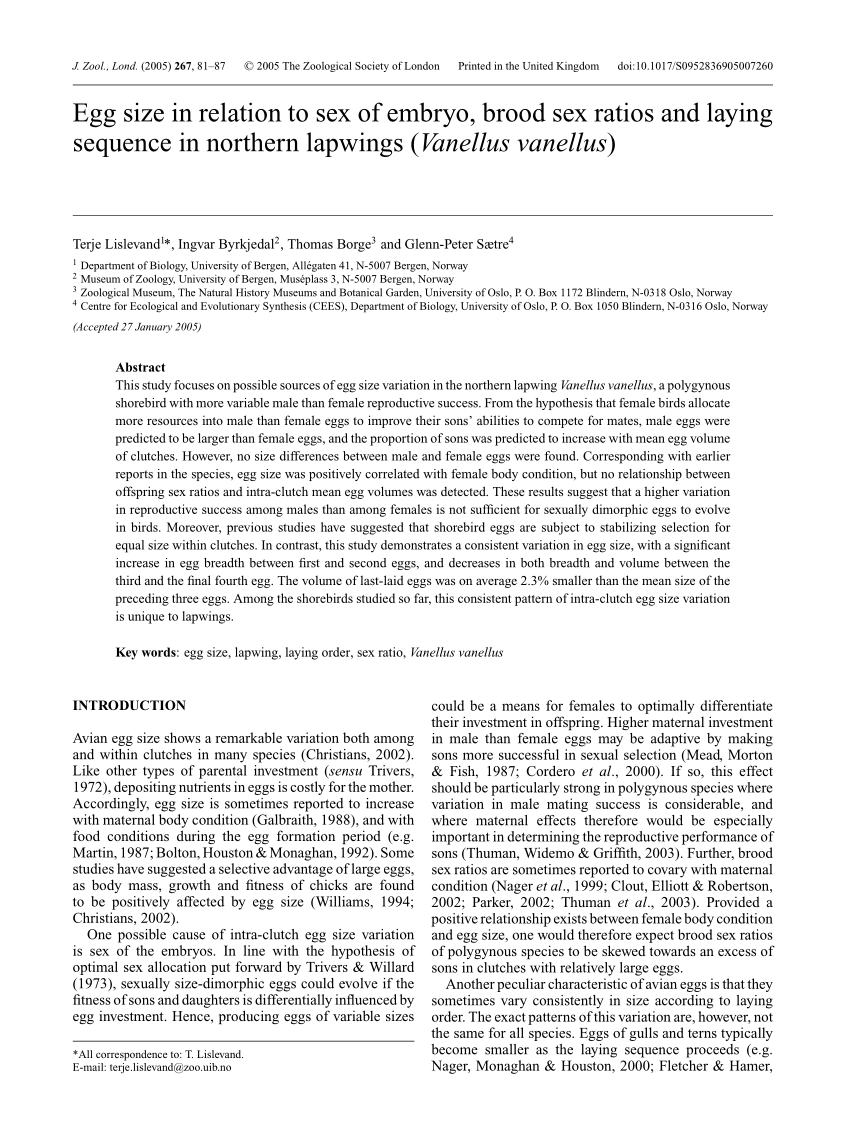 Pdf Egg Size In Relation To Sex Of Embryo Brood Sex Ratios And Laying Sequence In Northern 4496