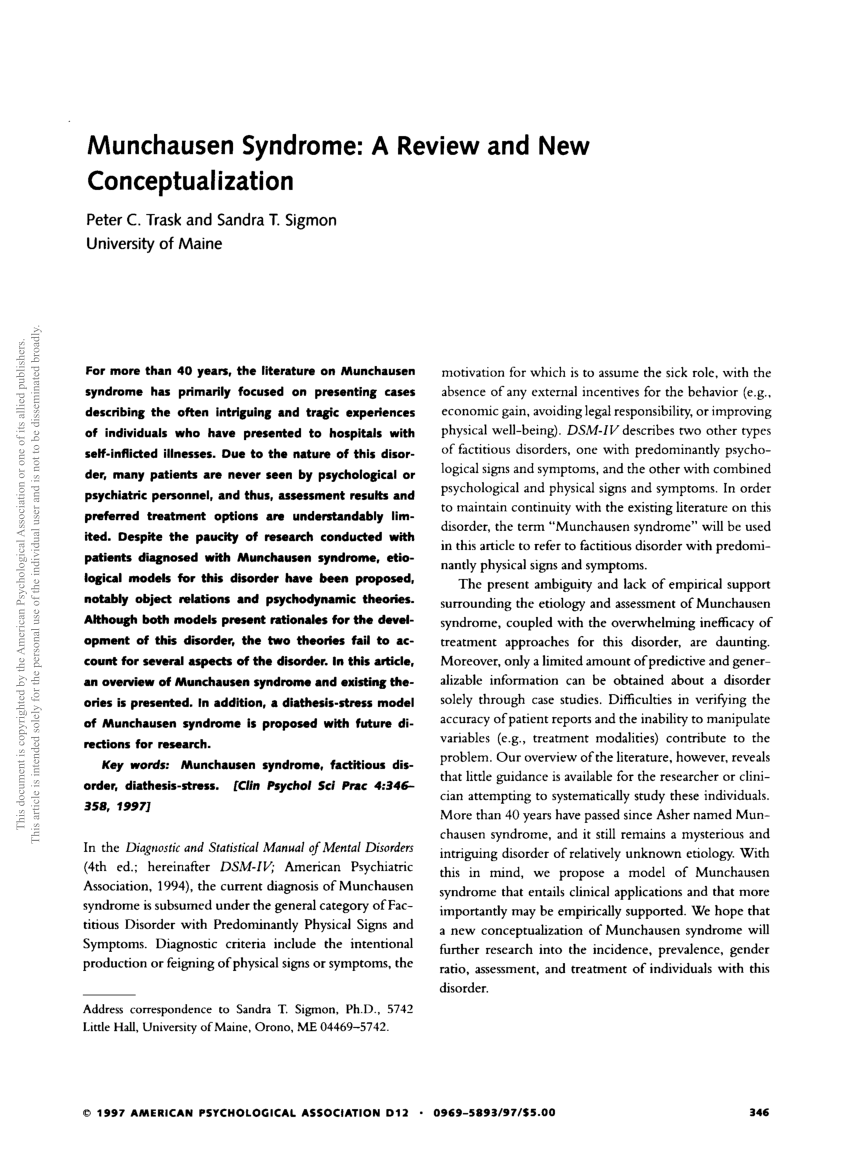 Munchausen Syndrome A Review and New Conceptualization Request PDF