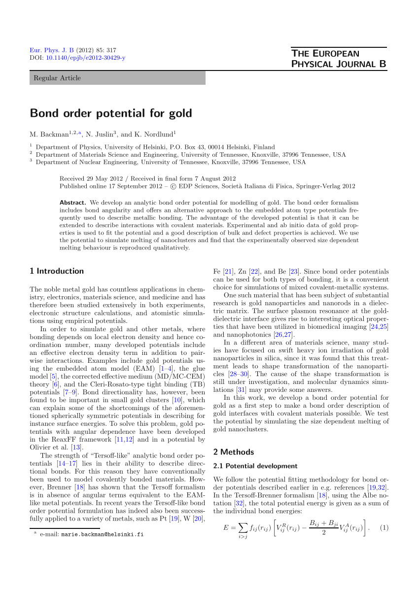 Pdf Bond Order Potential For Gold