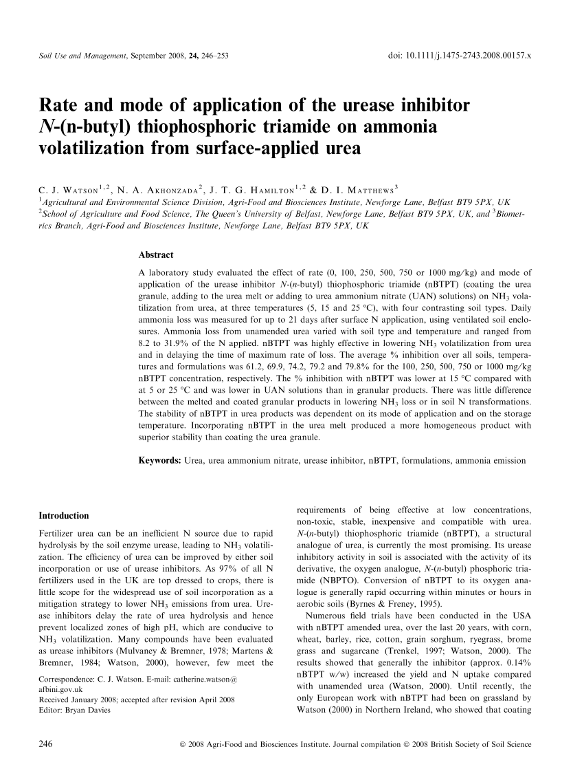 Pdf Rate And Mode Of Application Of The Urease Inhibitor N N Butyl Thiophosphoric Triamide On Ammonia Volatilization From Surface Applied Urea