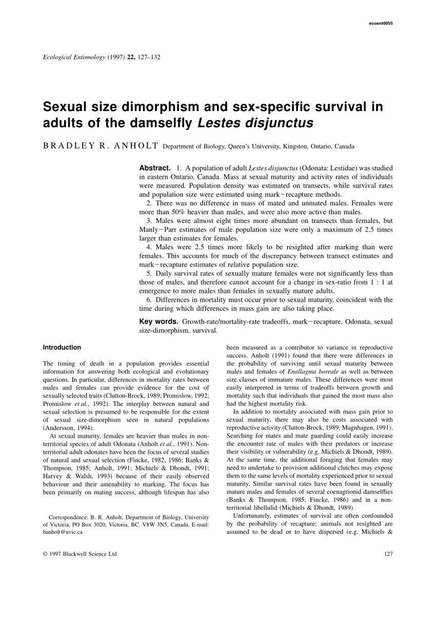 Pdf Sexual Size Dimorphism And Sex‐specific Survival In Adults Of The Damselfly Lestes Disjunctus 8072