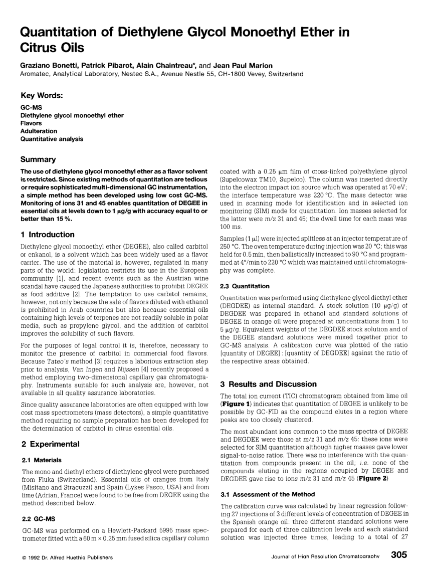 Pdf Quantitation Of Diethylene Glycol Monoethyl Ether In Citrus Oils