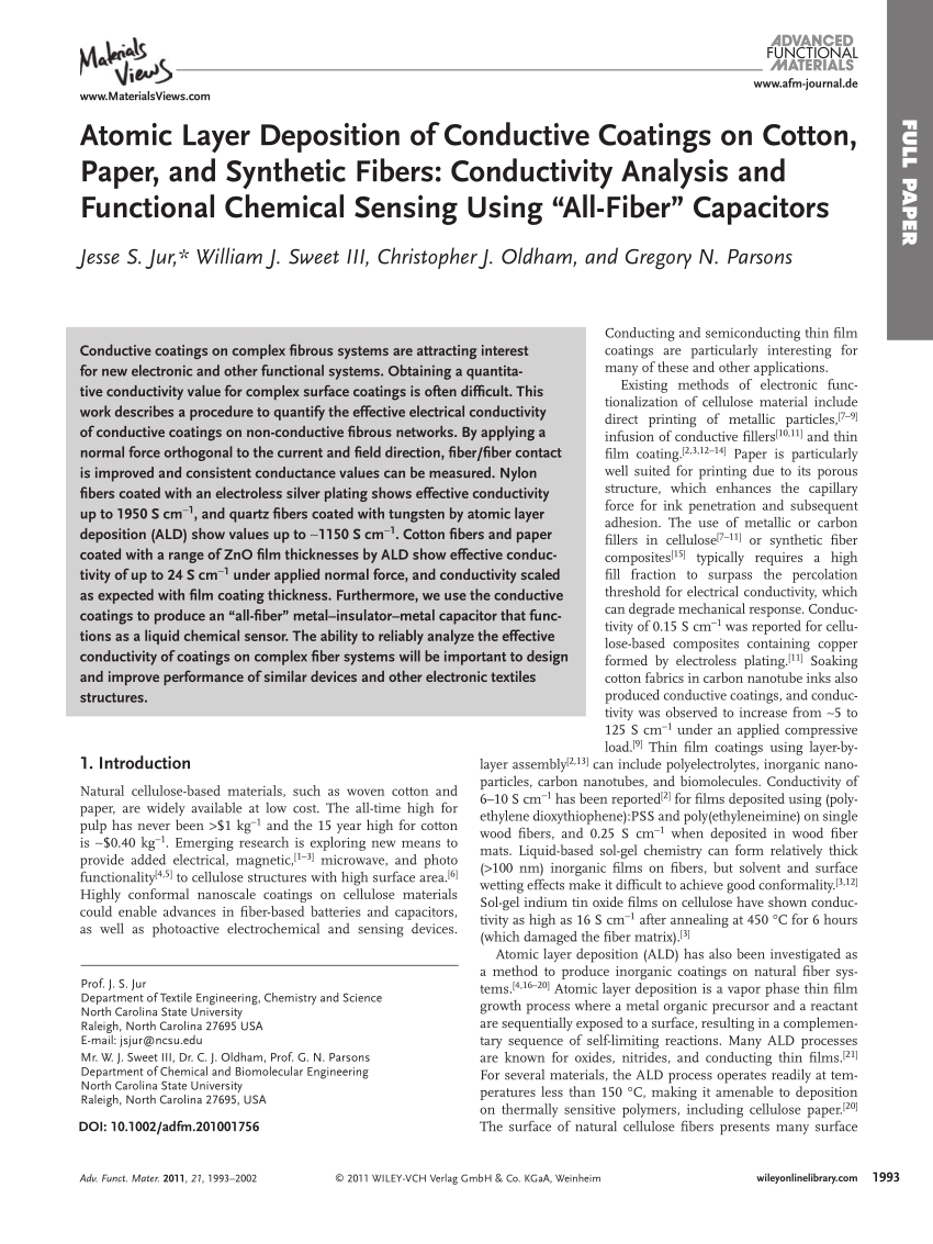 Pdf Electronic Textiles Atomic Layer Deposition Of Conductive