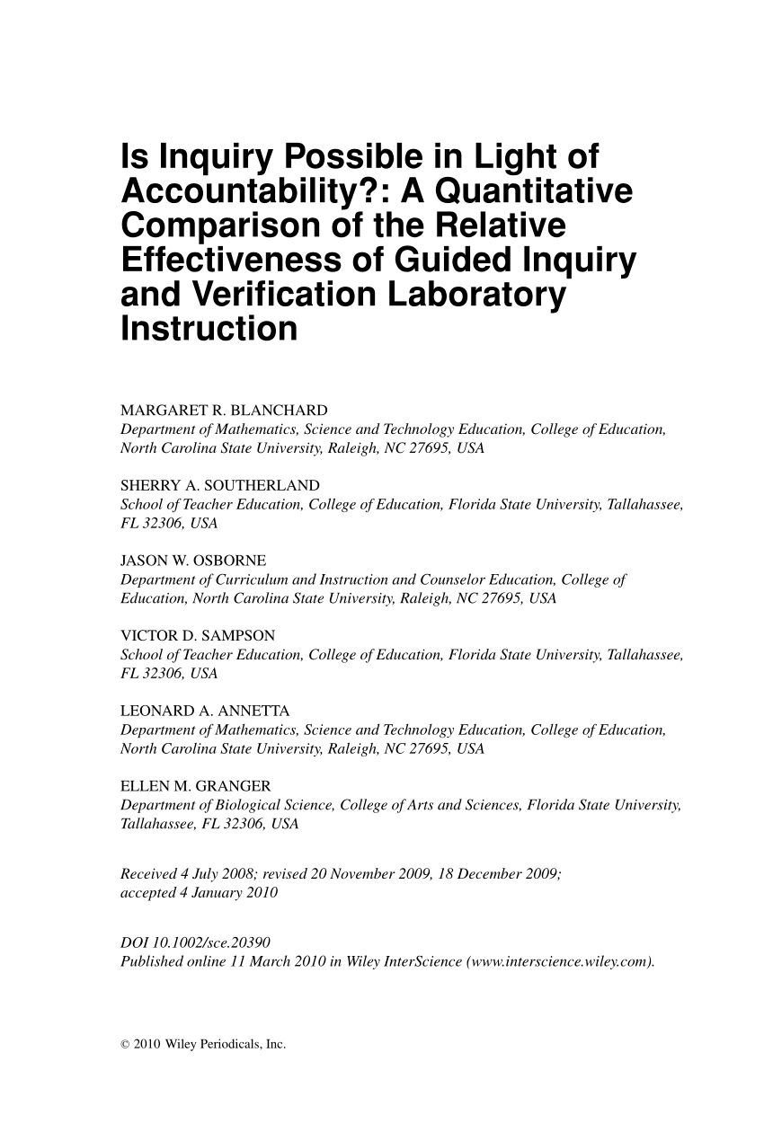 Pdf Is Inquiry Possible In Light Of Accountability A Quantitative Comparison Of The Relative Effectiveness Of Guided Inquiry And Verification Laboratory Instruction