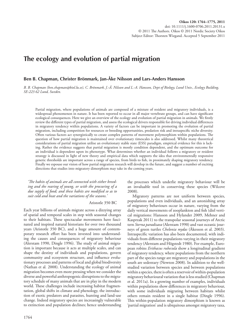 Pdf The Ecology And Evolution Of Partial Migration