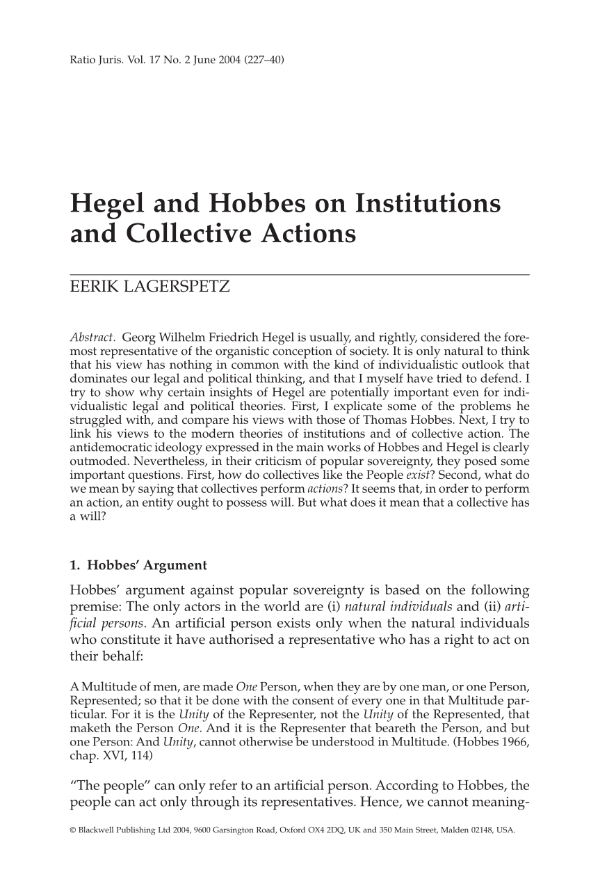 Pdf Hegel And Hobbes On Institutions And Collective Actions