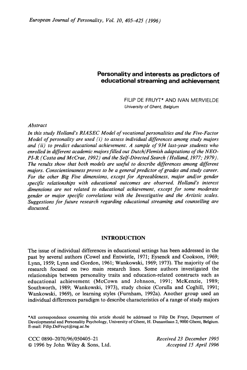 Pdf Personality And Interests As Predictors Of Educational Streaming And Achievement